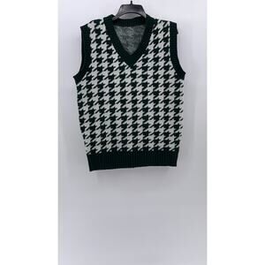 SHEIN Women's Dark Green-White Houndstooth V-Neck Knit Sweater Vest SZ M